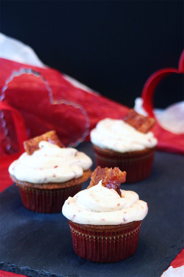 Maple Stout Cupcakes with Candied Cayenne Bacon served