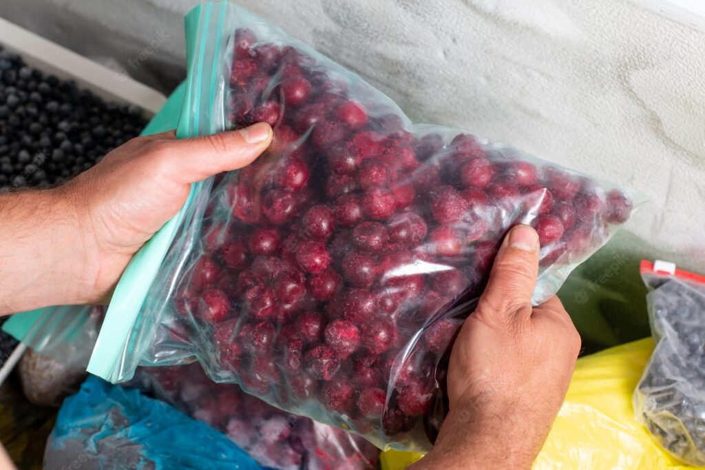 cherries in freezer bag for freezing-cookingthursday.com