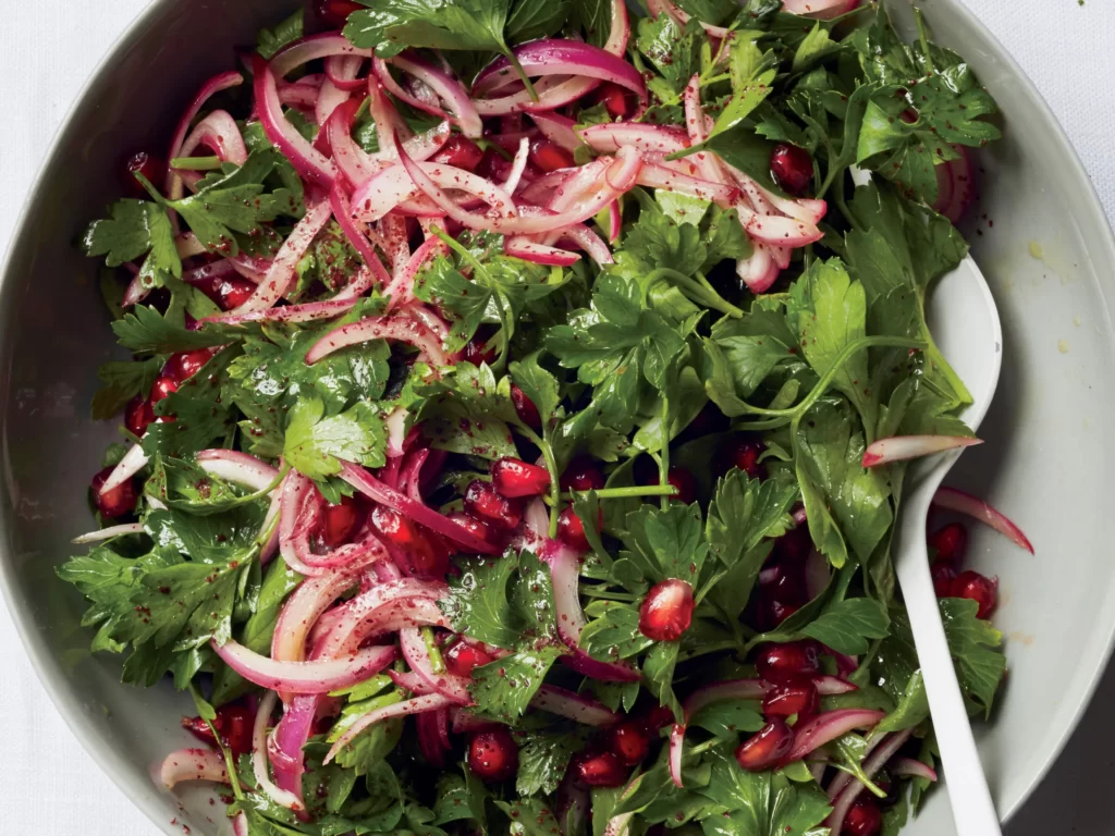 parsley-onion-pomegranate-salad in serving bowl-cookingthursday.com