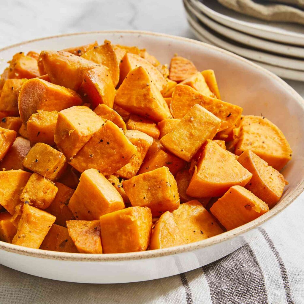 baked sweet potatoes in bowl-cookingthursday.com