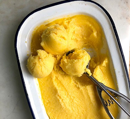 mango-sorbet-made with frozen mango puree-cookingthursday.com